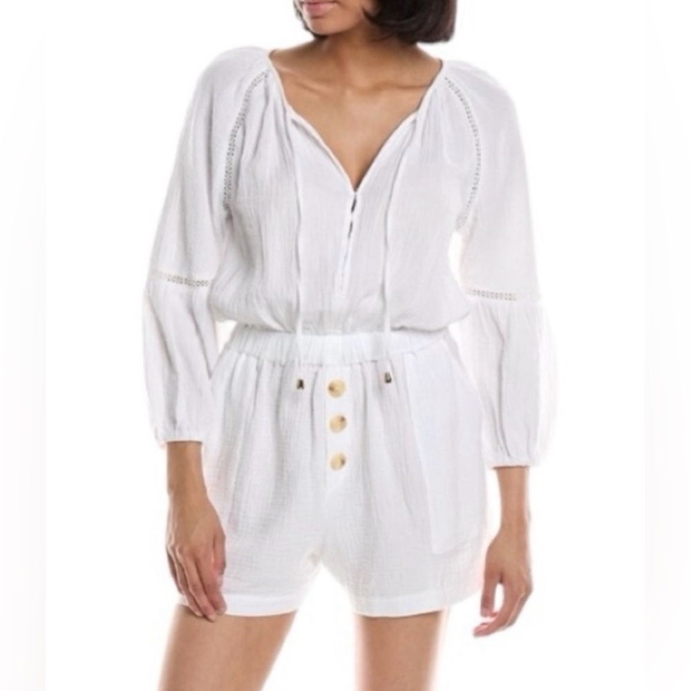 Anthropologie + Bishop & Young White Button-Front Gauze Romper